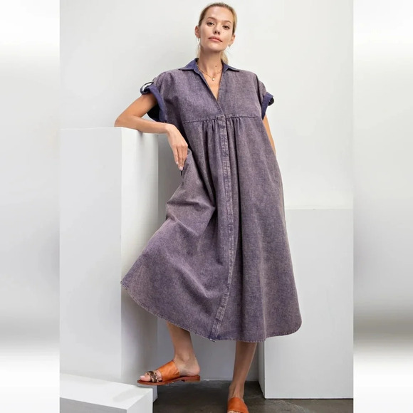 New! Easel Short Sleeve Linen Blend Mineral Washed Midi Dress - Picture 3 of 5